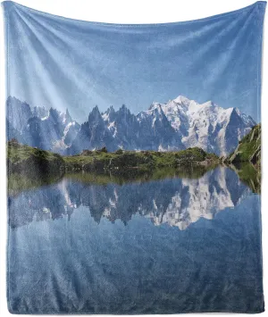Ambesonne Lake Throw Blanket, Mont Blanc Mountain Range Reflected in Cheserys Lake Alps France Panorama, Flannel Fleece Accent Piece Soft Couch Cover for Adults, 50" x 60", Pale Blue White Green
