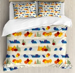 Ambesonne Landscape Duvet Cover Sets, Repeated Pattern of Snowy Mountain Ranges and Trees in Autumn Season, Bedding Set with 2 Duvet Covers & 4 Pillowcases, 2 Pack Queen Size, Eggshell and Multicolor