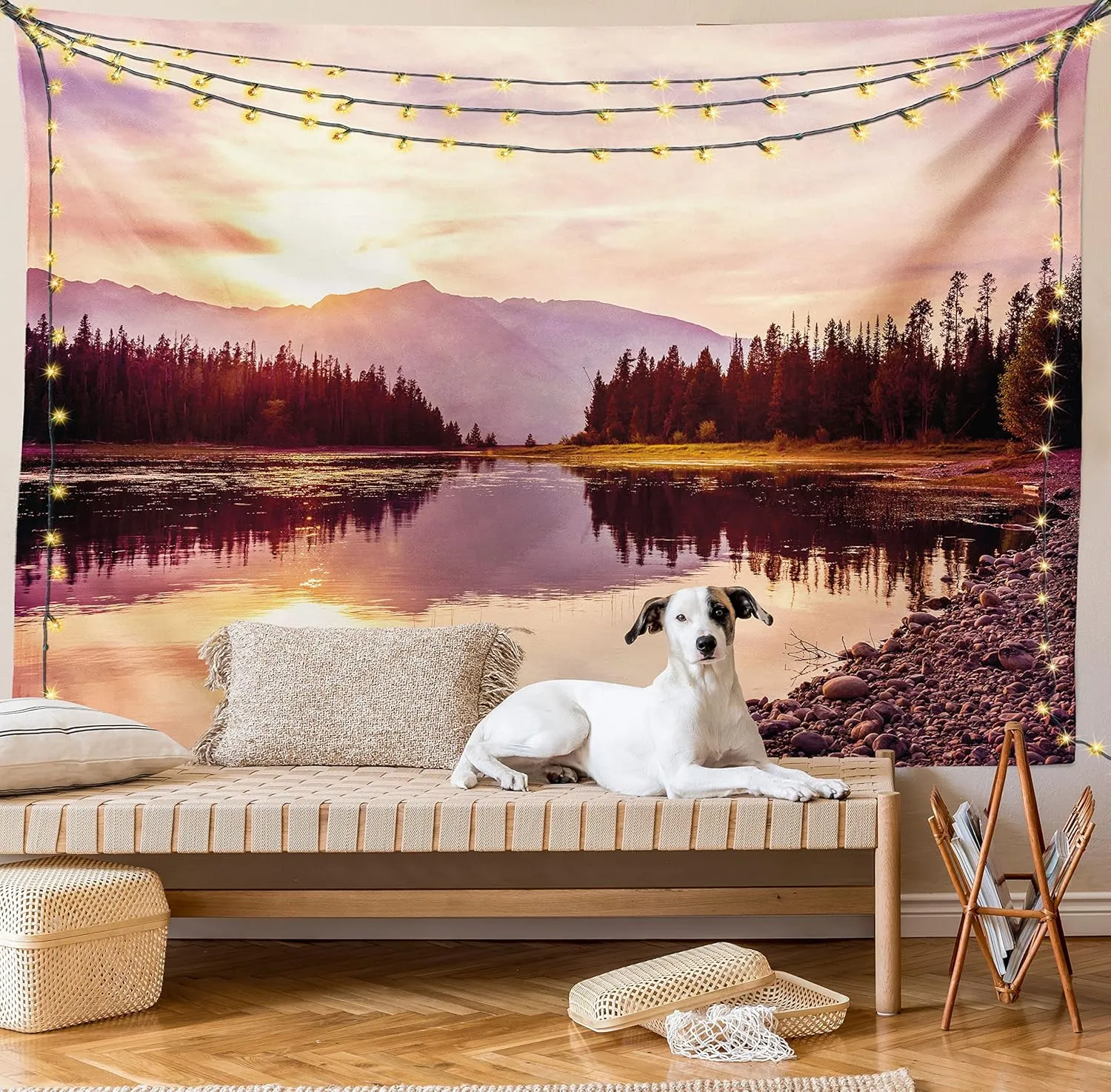 Ambesonne Landscape Tapestry Queen Size, Grand Teton Mountain Range at Sunset Jackson Lake Calm National Park USA, Wall Hanging Bedspread Bed Cover Wall Decor, Queen Size, Peach Pale Yellow