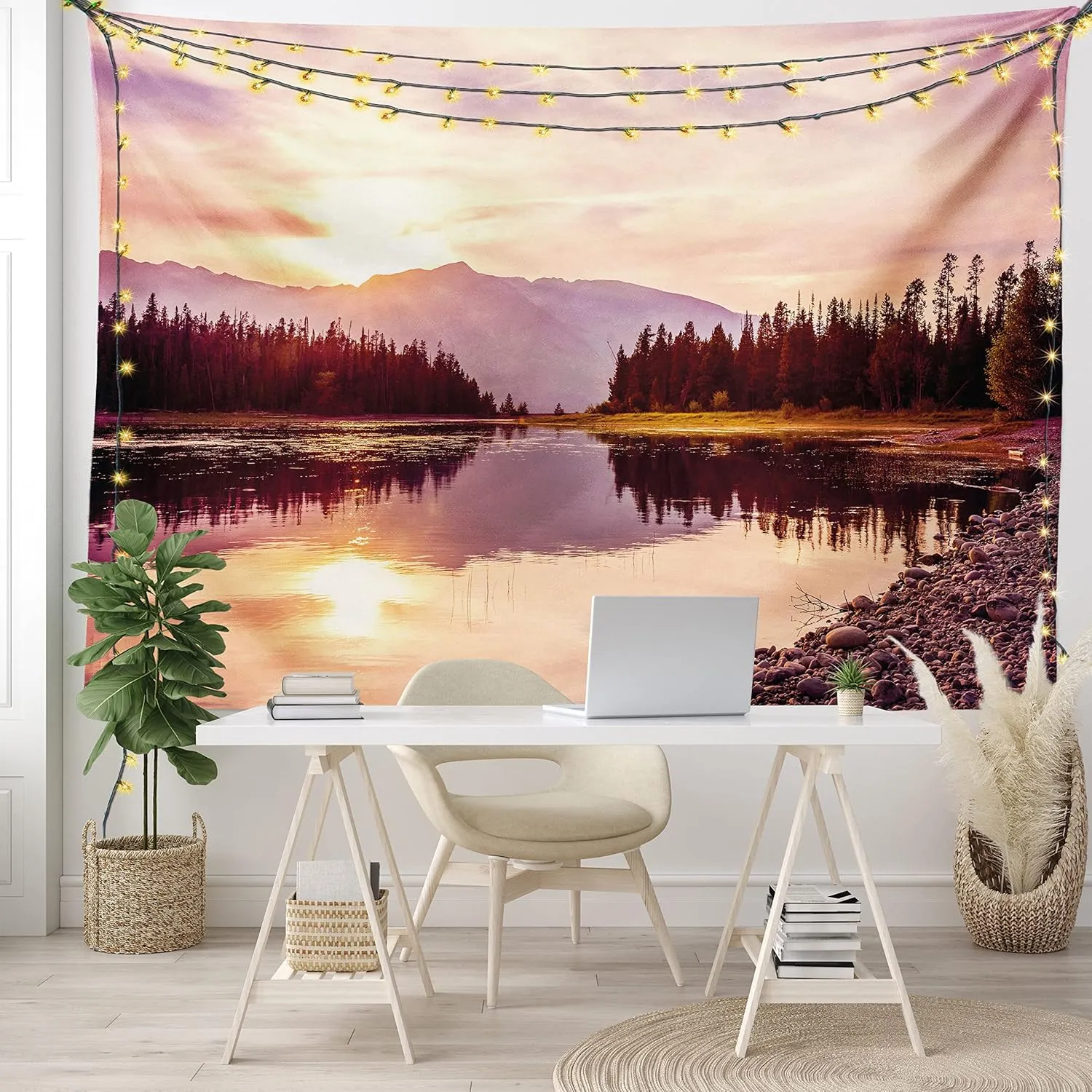 Ambesonne Landscape Tapestry Queen Size, Grand Teton Mountain Range at Sunset Jackson Lake Calm National Park USA, Wall Hanging Bedspread Bed Cover Wall Decor, Queen Size, Peach Pale Yellow