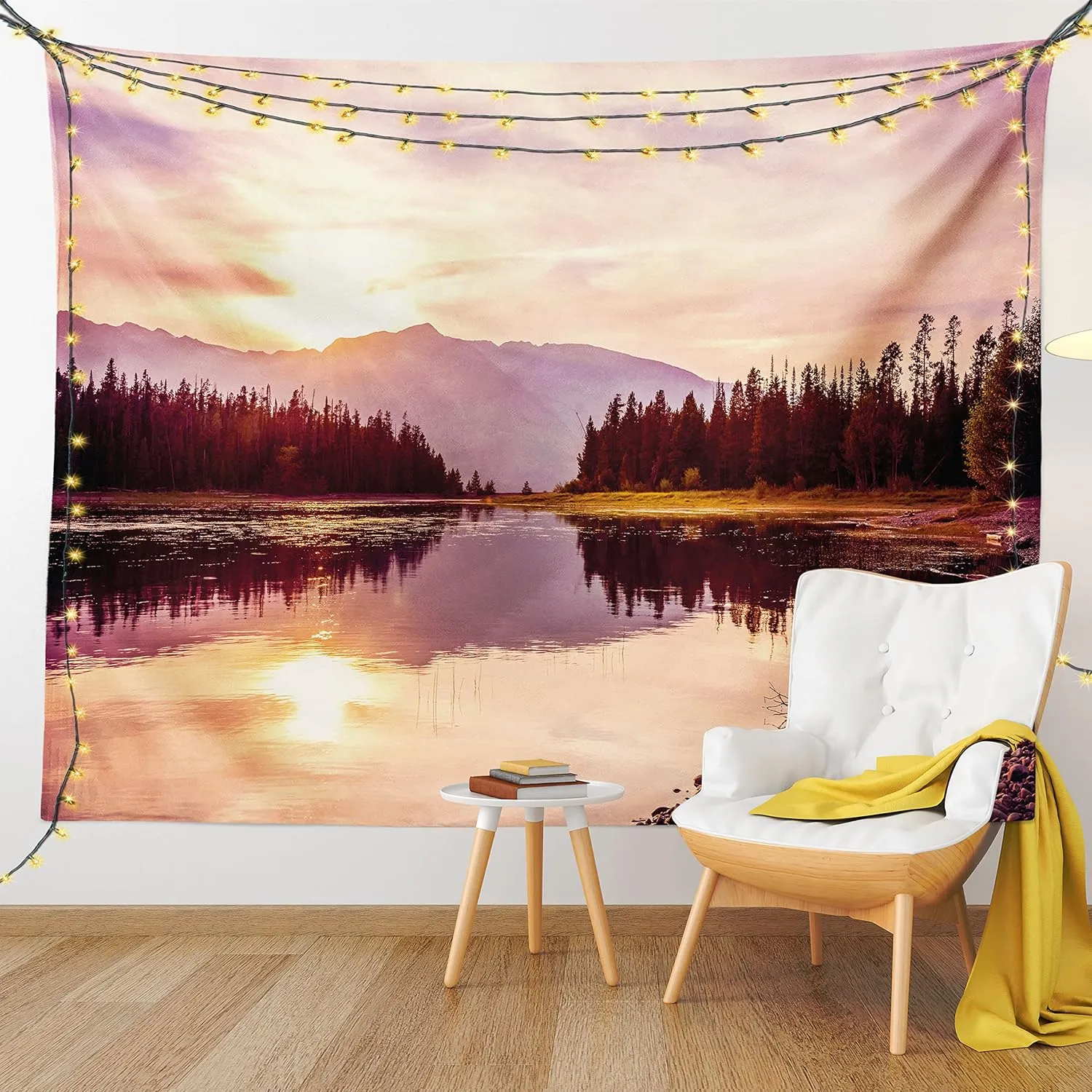 Ambesonne Landscape Tapestry Queen Size, Grand Teton Mountain Range at Sunset Jackson Lake Calm National Park USA, Wall Hanging Bedspread Bed Cover Wall Decor, Queen Size, Peach Pale Yellow