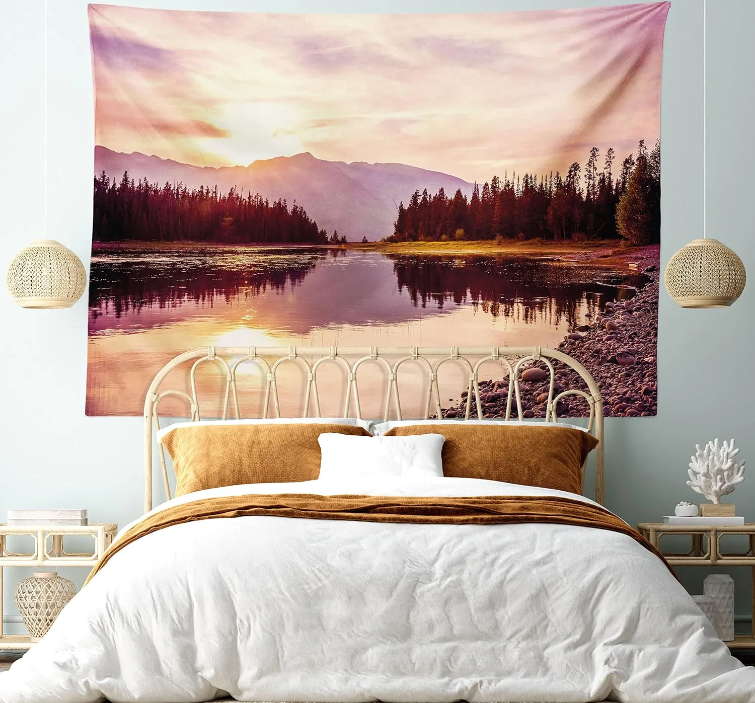 Ambesonne Landscape Tapestry Queen Size, Grand Teton Mountain Range at Sunset Jackson Lake Calm National Park USA, Wall Hanging Bedspread Bed Cover Wall Decor, Queen Size, Peach Pale Yellow
