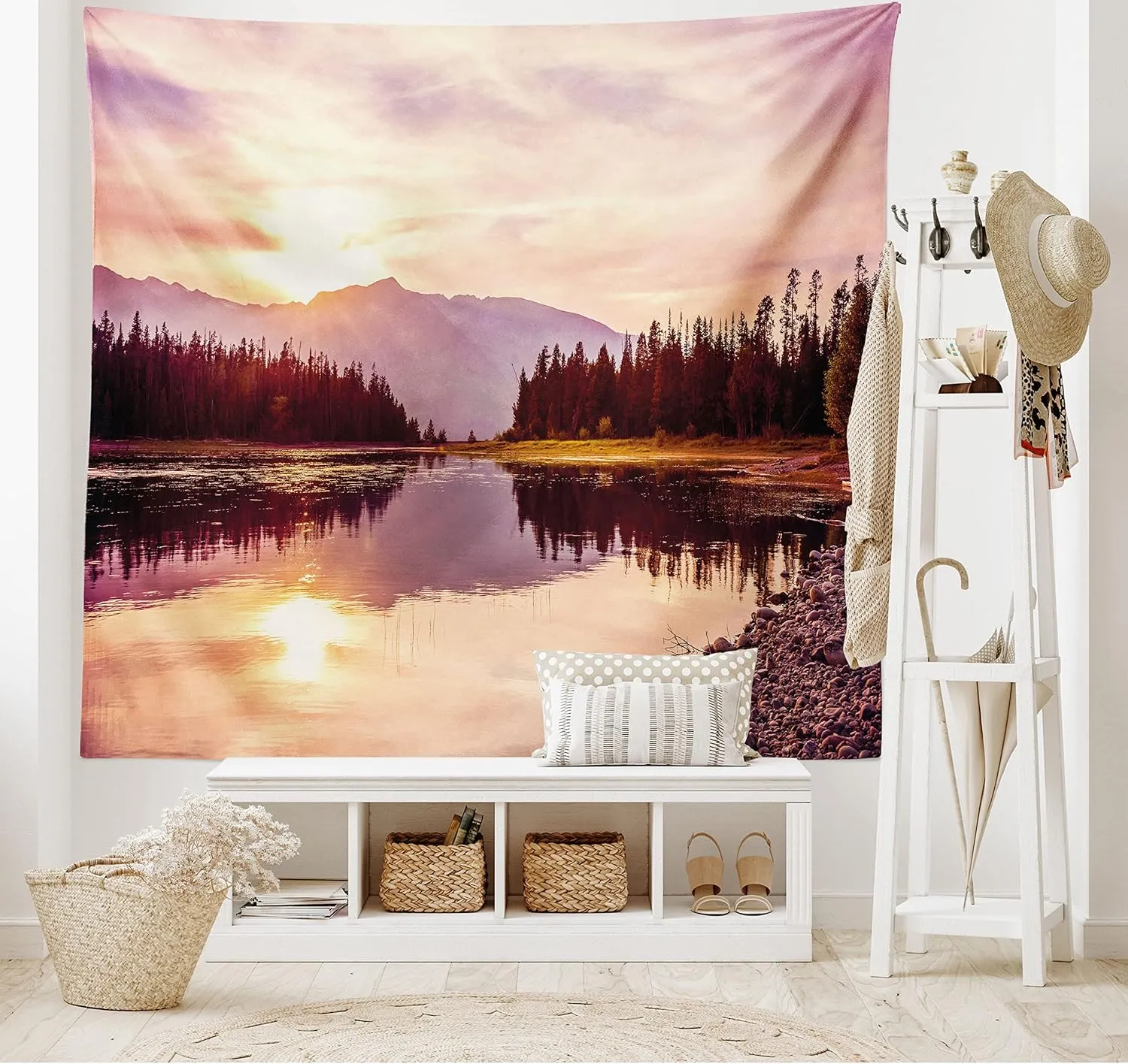Ambesonne Landscape Tapestry Queen Size, Grand Teton Mountain Range at Sunset Jackson Lake Calm National Park USA, Wall Hanging Bedspread Bed Cover Wall Decor, Queen Size, Peach Pale Yellow