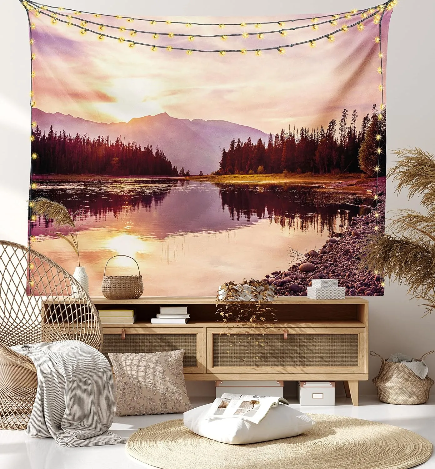 Ambesonne Landscape Tapestry Queen Size, Grand Teton Mountain Range at Sunset Jackson Lake Calm National Park USA, Wall Hanging Bedspread Bed Cover Wall Decor, Queen Size, Peach Pale Yellow
