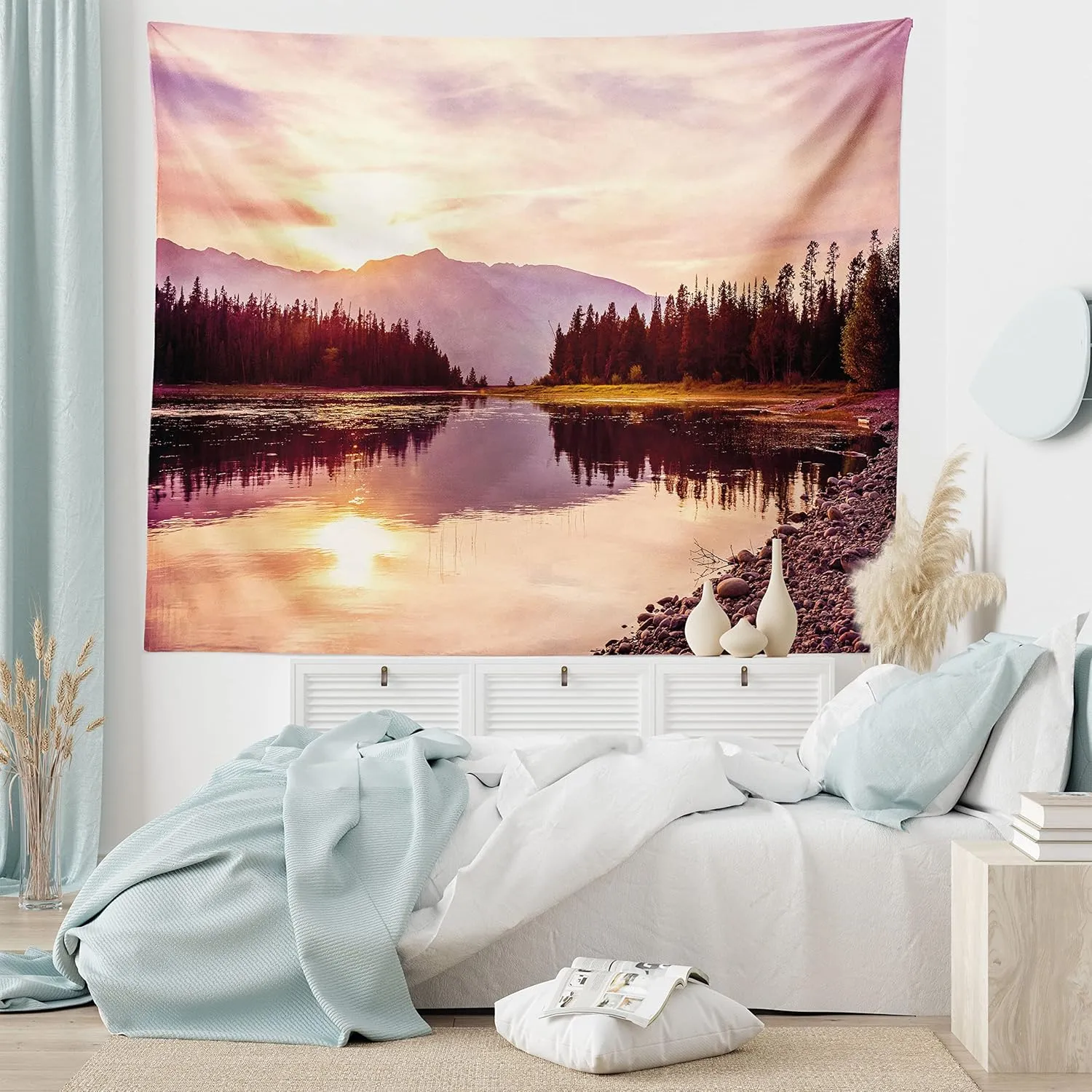 Ambesonne Landscape Tapestry Queen Size, Grand Teton Mountain Range at Sunset Jackson Lake Calm National Park USA, Wall Hanging Bedspread Bed Cover Wall Decor, Queen Size, Peach Pale Yellow