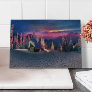 Ambesonne Milky Way Cutting Board, Wild Alpine Scene with Cabin in the Woods Winter with Starry Skyline Illustration, Decorative Tempered Glass Cutting and Serving Board, Small Size, Multicolor