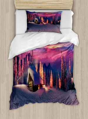 Ambesonne Milky Way Duvet Cover Set, Wild Alpine Scene with Cabin in The Woods Winter with Starry Skyline Illustration, Decorative 2 Piece Bedding Set with 1 Pillow Sham, Twin Size, Multicolor