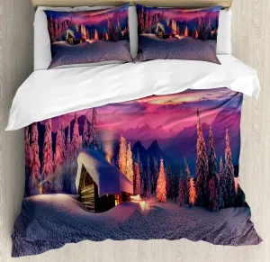 Ambesonne Milky Way Duvet Cover Set, Wild Alpine Scene with Cabin in The Woods Winter with Starry Skyline Illustration, Decorative 3 Piece Bedding Set with 2 Pillow Shams, California King, Multicolor