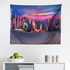 Ambesonne Milky Way Tapestry, Wild Alpine Scene with Cabin in the Woods Winter with Starry Skyline Illustration, Fabric Wall Hanging Decor for Bedroom Living Room Dorm, 28" X 23", Multicolor