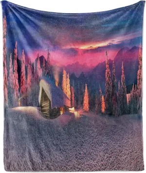 Ambesonne Milky Way Throw Blanket, Wild Alpine Scene with Cabin in The Woods Winter with Starry Skyline Illustration, Flannel Fleece Accent Piece Soft Couch Cover for Adults, 60" x 80", Multicolor
