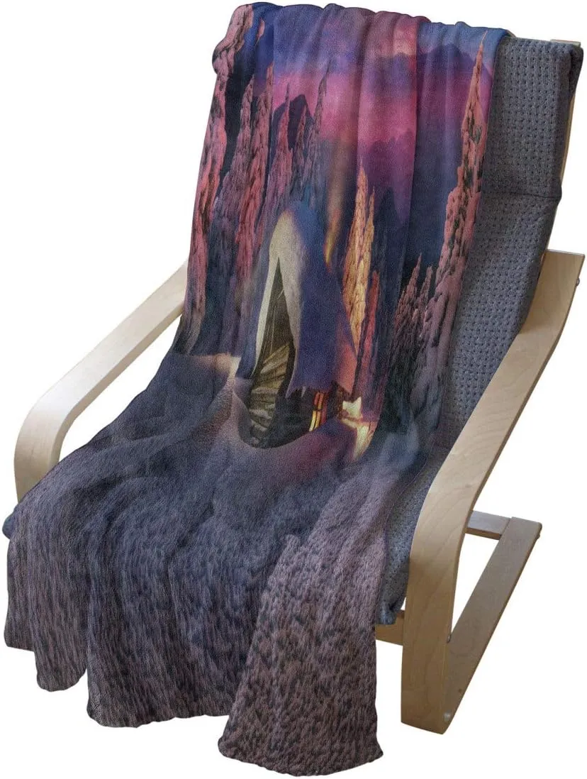 Ambesonne Milky Way Throw Blanket, Wild Alpine Scene with Cabin in The Woods Winter with Starry Skyline Illustration, Flannel Fleece Accent Piece Soft Couch Cover for Adults, 60" x 80", Multicolor