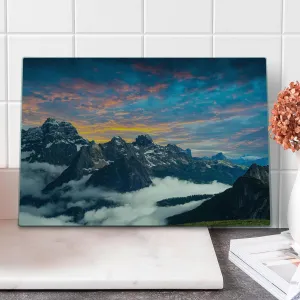 Ambesonne Mountain Cutting Board, Alpine Scenery Foggy Italian Natural Park Vivid Sky Above Clouds Photography, Decorative Tempered Glass Cutting and Serving Board, Large Size, Black White Blue