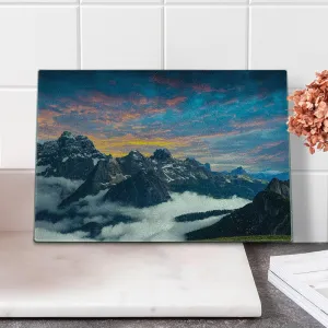 Ambesonne Mountain Cutting Board, Alpine Scenery Foggy Italian Natural Park Vivid Sky Above Clouds Photography, Decorative Tempered Glass Cutting and Serving Board, Small Size, Black White Blue