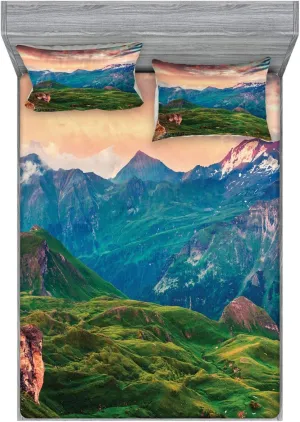 Ambesonne Mountain Fitted Sheet & Pillow Sham Set, Summer Morning of Grossglockner High Alpine Road Austrian Dramatic Sunset, Decorative Printed 3 Piece Bedding Decor Set, King, Coral Teal Green