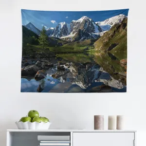 Ambesonne Mountain Range Tapestry, Pastoral Nature Snowy Alps Peaks with Lake Creek River Idyllic Spring Scene, Fabric Wall Hanging Decor for Bedroom Living Room Dorm, 28" X 23", Green White