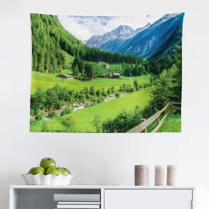 Ambesonne Mountain Tapestry, Alpine Landscape with Meadow Cottages and Pines Stream in Village View Print, Fabric Wall Hanging Decor for Bedroom Living Room Dorm, 28" X 23", Green White