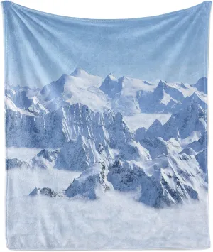 Ambesonne Mountain Throw Blanket, Snowy Summit of Alps Over The Clouds Scenery at Winter Wilderness in The Nature, Flannel Fleece Accent Piece Soft Couch Cover for Adults, 50" x 60", White Blue
