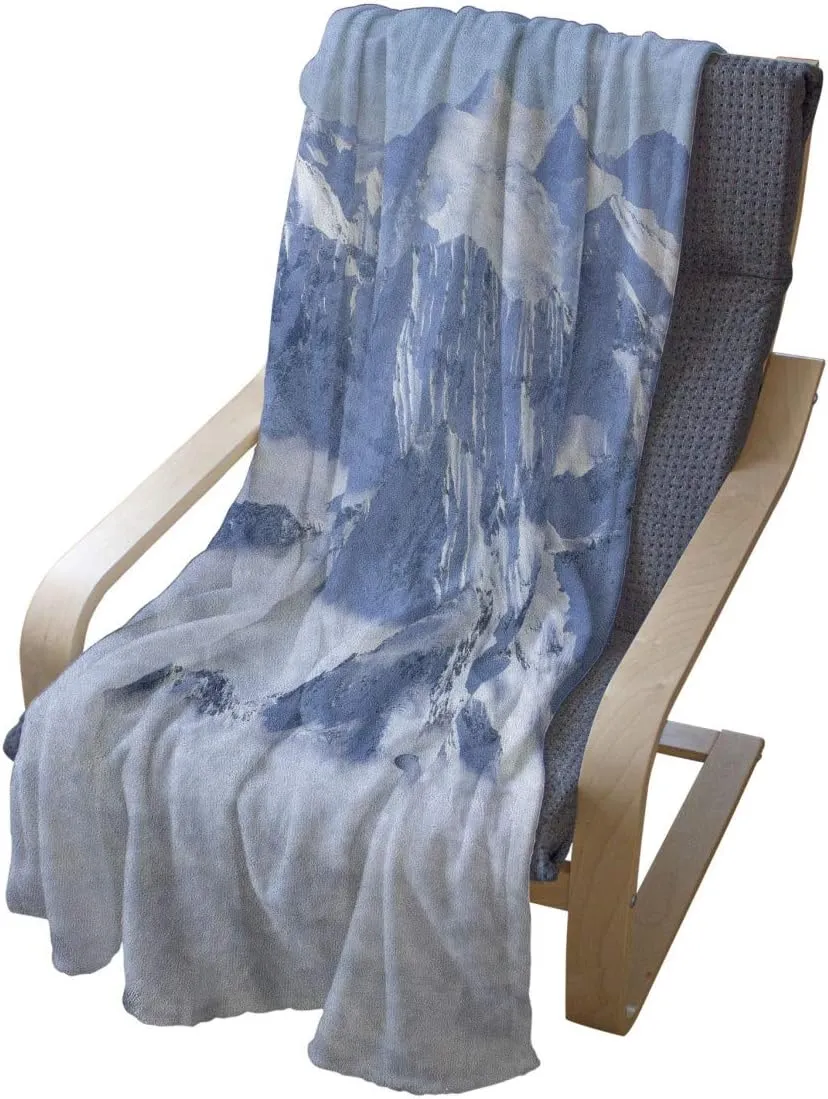 Ambesonne Mountain Throw Blanket, Snowy Summit of Alps Over The Clouds Scenery at Winter Wilderness in The Nature, Flannel Fleece Accent Piece Soft Couch Cover for Adults, 50" x 60", White Blue