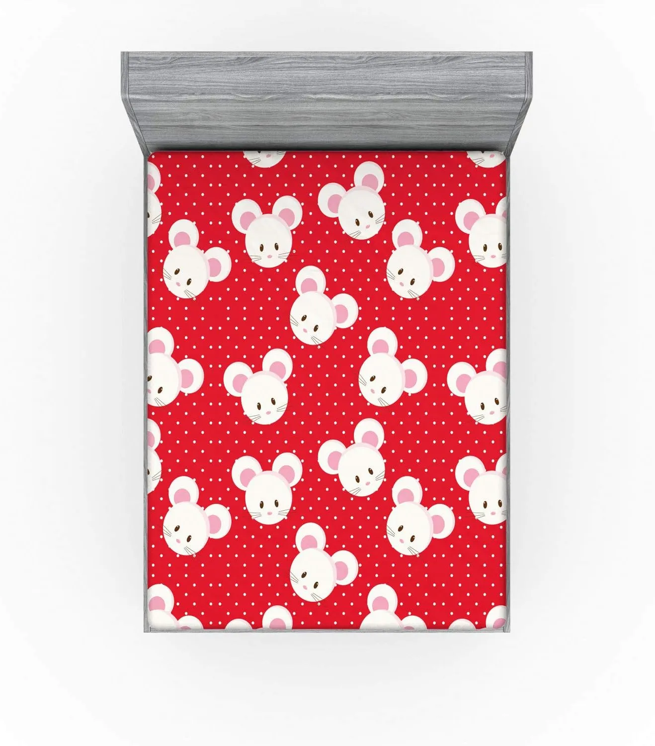 Ambesonne Mouse Fitted Sheet, Pattern with Cartoon Animal on Warm Polka Dots 's Layout, Bed Cover with All-Round Elastic Deep Pocket for Comfort, Queen Size, Dark Pink and White