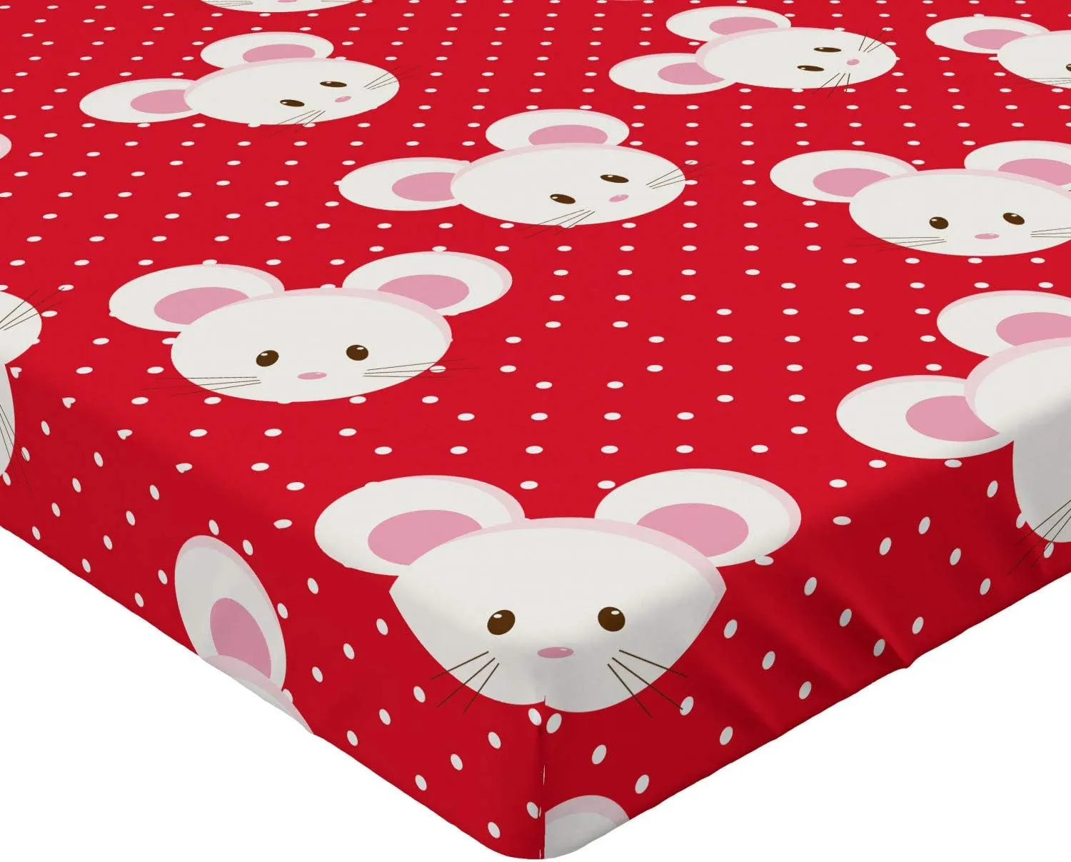 Ambesonne Mouse Fitted Sheet, Pattern with Cartoon Animal on Warm Polka Dots 's Layout, Bed Cover with All-Round Elastic Deep Pocket for Comfort, Queen Size, Dark Pink and White