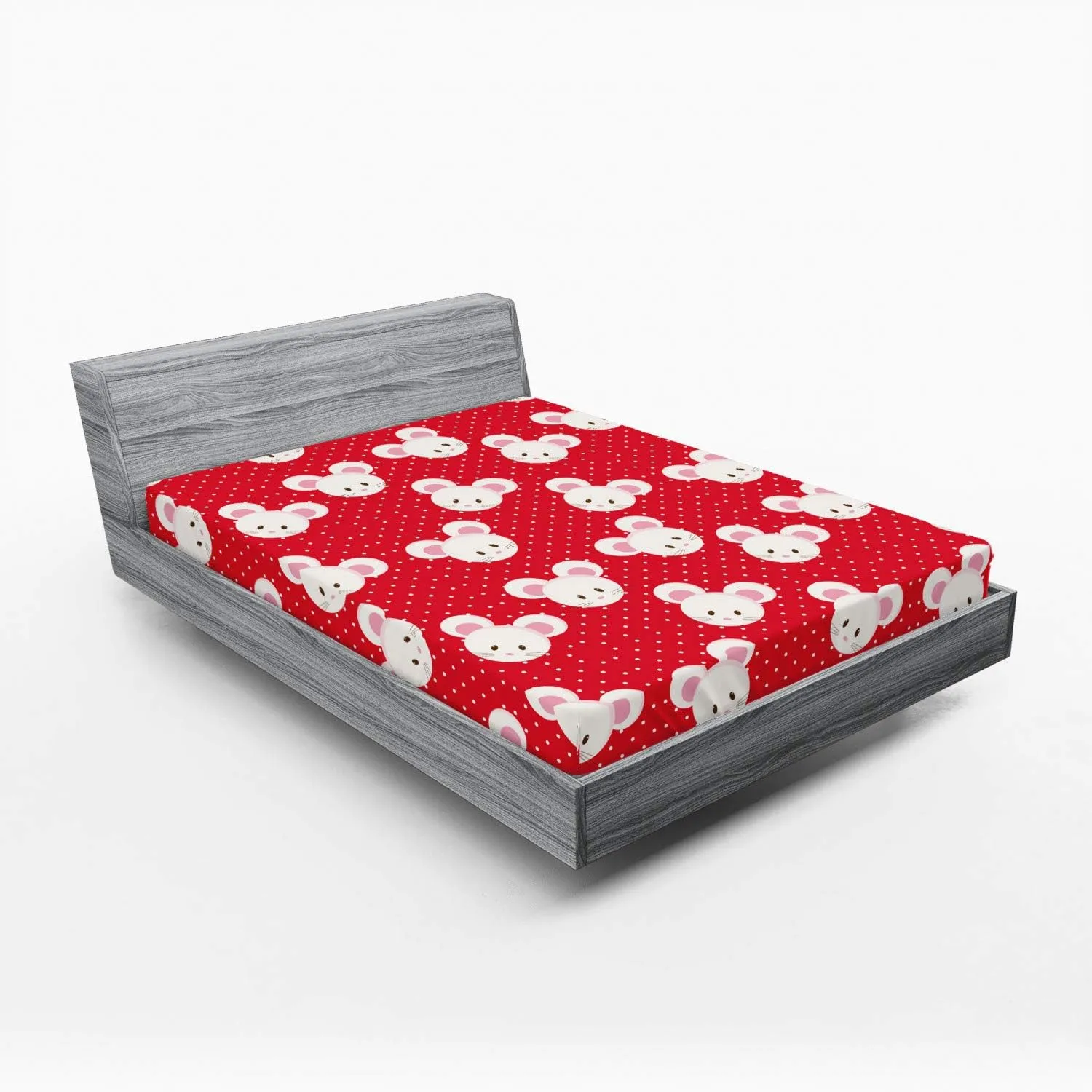 Ambesonne Mouse Fitted Sheet, Pattern with Cartoon Animal on Warm Polka Dots 's Layout, Bed Cover with All-Round Elastic Deep Pocket for Comfort, Queen Size, Dark Pink and White