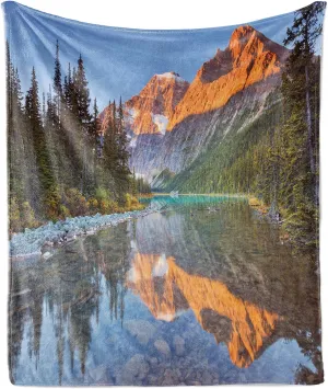 Ambesonne National Parks Throw Blanket, Canadian Rocky Mountain Range on Edith Cavell Lake Pastoral Image Print, Flannel Fleece Accent Piece Soft Couch Cover for Adults, 70" x 90", Multicolor