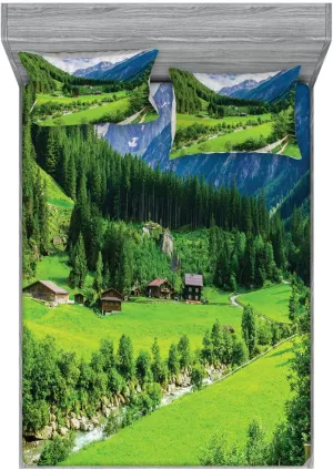 Ambesonne Nature 2 Pack Fitted Sheet & Pillow Sham Set, Alpine Scenery Pastoral, 4 Pcs Bedding Decor, Package Contains 2 Full Size Fitted Sheets & 4 Pillow Covers, Green White