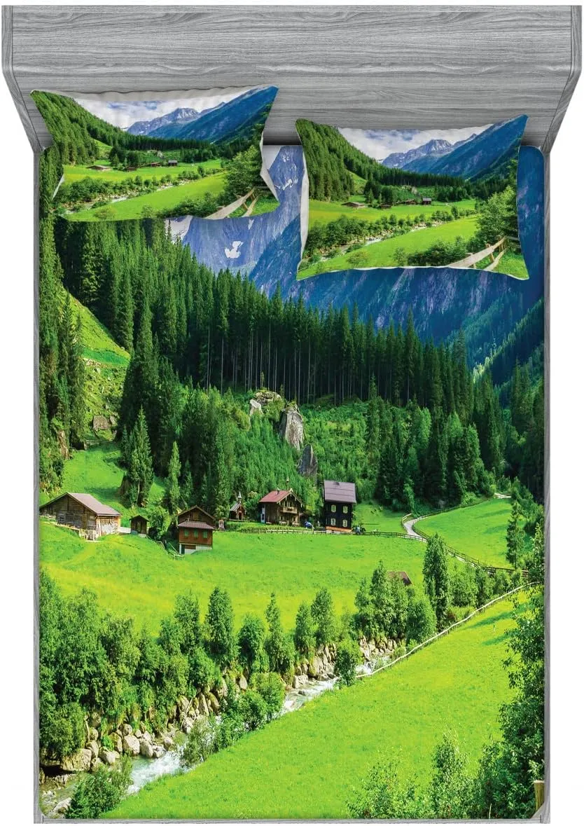 Ambesonne Nature 2 Pack Fitted Sheet & Pillow Sham Set, Alpine Scenery Pastoral, 4 Pcs Bedding Decor, Package Contains 2 Full Size Fitted Sheets & 4 Pillow Covers, Green White