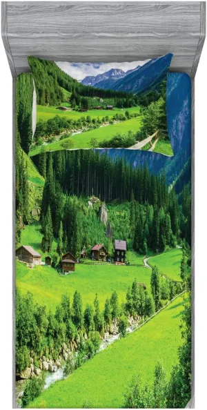 Ambesonne Nature 2 Pack Fitted Sheet & Pillow Sham Set, Alpine Scenery Pastoral, 4 Pcs Bedding Decor, Package Contains 2 Twin XL Size Fitted Sheets & 2 Pillow Covers, Green White