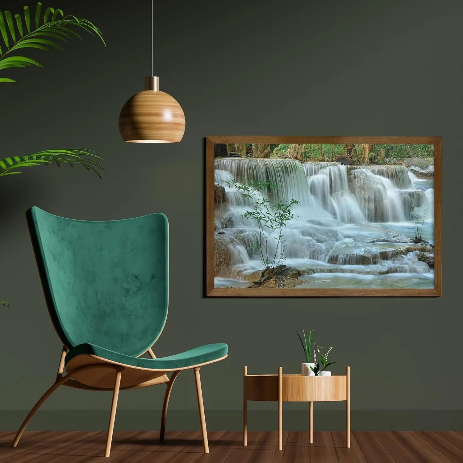 Ambesonne Nature Framed Wall Art, Waterfall Trees Japanese Garden Themed View Picture Print Jungle Stream Scenery, Fabric Decor with Teak Tone Wood Frame Home & Dorm Decor, 35" x 23", Green and Brown