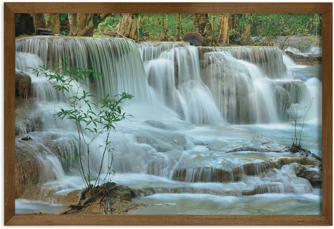 Ambesonne Nature Framed Wall Art, Waterfall Trees Japanese Garden Themed View Picture Print Jungle Stream Scenery, Fabric Decor with Teak Tone Wood Frame Home & Dorm Decor, 35" x 23", Green and Brown
