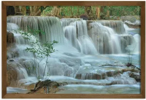 Ambesonne Nature Framed Wall Art, Waterfall Trees Japanese Garden Themed View Picture Print Jungle Stream Scenery, Fabric Decor with Teak Tone Wood Frame Home & Dorm Decor, 35" x 23", Green and Brown