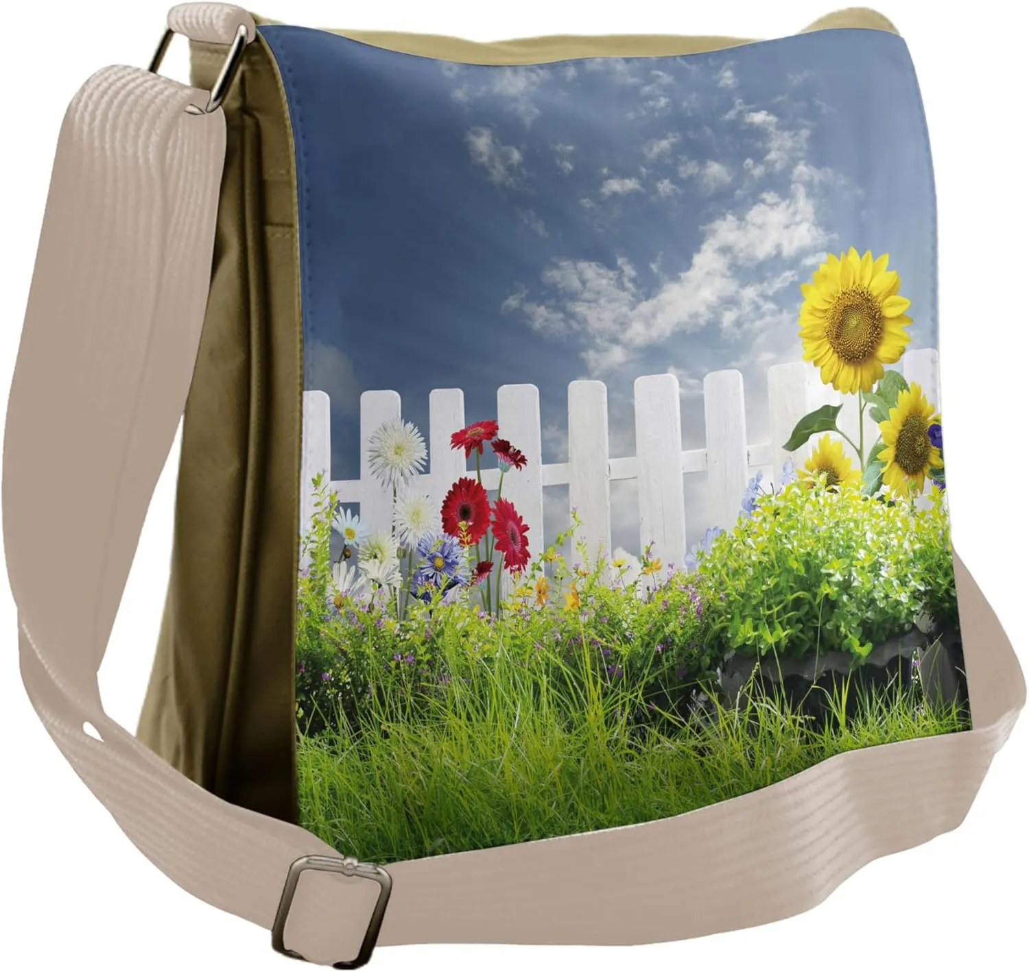 Ambesonne Nature Messenger Bag, Daisy Flowers in Yard, Unisex Cross-body