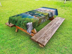 Ambesonne Nature Outdoor Tablecloth, Misty Summer Morning on Austrian Alps Mountain Range with Lake Landscape Print, Decorative Washable Picnic Table Cloth, 58" X 120", Green and Blue
