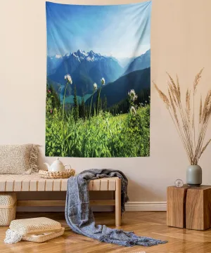 Ambesonne Nature Tapestry Queen Size, Diablo Lake Mountains Dandelions Thistle Flowers Wilderness Nature Image, Wall Hanging Bedspread Bed Cover Wall Decor, 88" X 88", Sky Blue Green