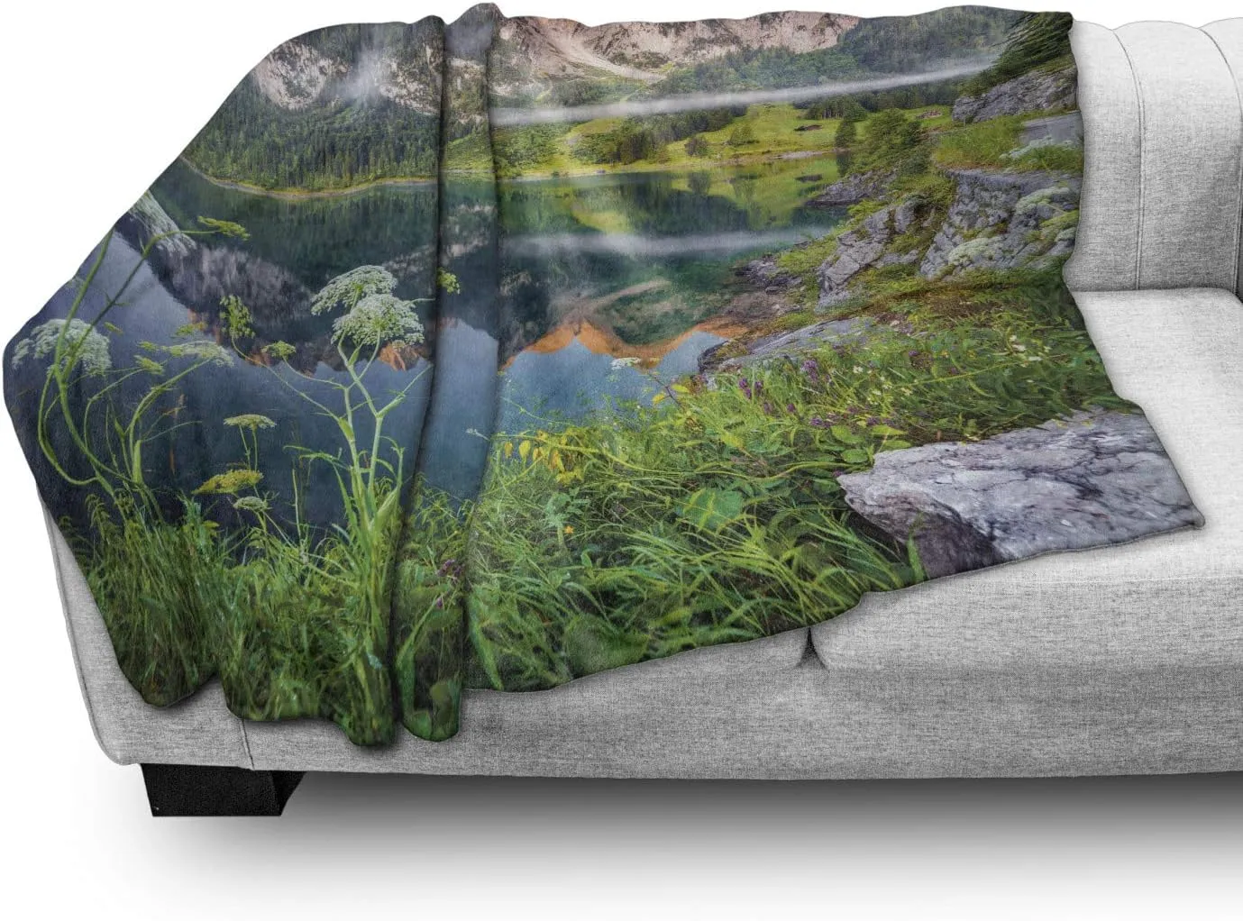 Ambesonne Nature Throw Blanket, Misty Summer Morning on Austrian Alps Mountain Range with Lake Landscape Print, Flannel Fleece Accent Piece Soft Couch Cover for Adults, 60" x 80", Green and Blue
