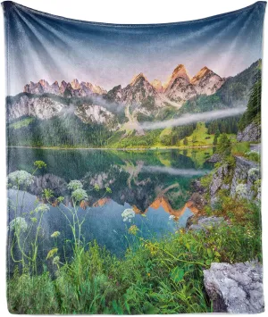 Ambesonne Nature Throw Blanket, Misty Summer Morning on Austrian Alps Mountain Range with Lake Landscape Print, Flannel Fleece Accent Piece Soft Couch Cover for Adults, 60" x 80", Green and Blue