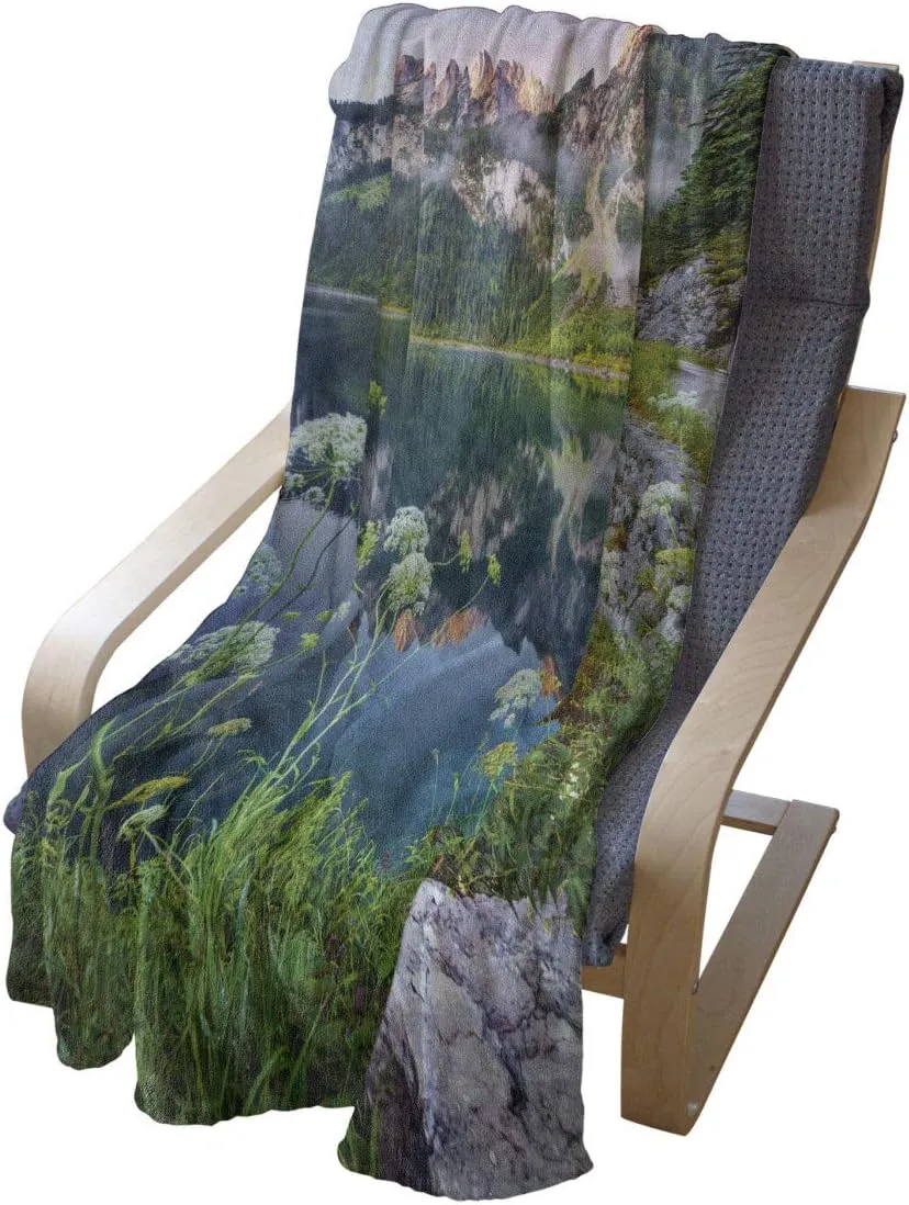 Ambesonne Nature Throw Blanket, Misty Summer Morning on Austrian Alps Mountain Range with Lake Landscape Print, Flannel Fleece Accent Piece Soft Couch Cover for Adults, 60" x 80", Green and Blue