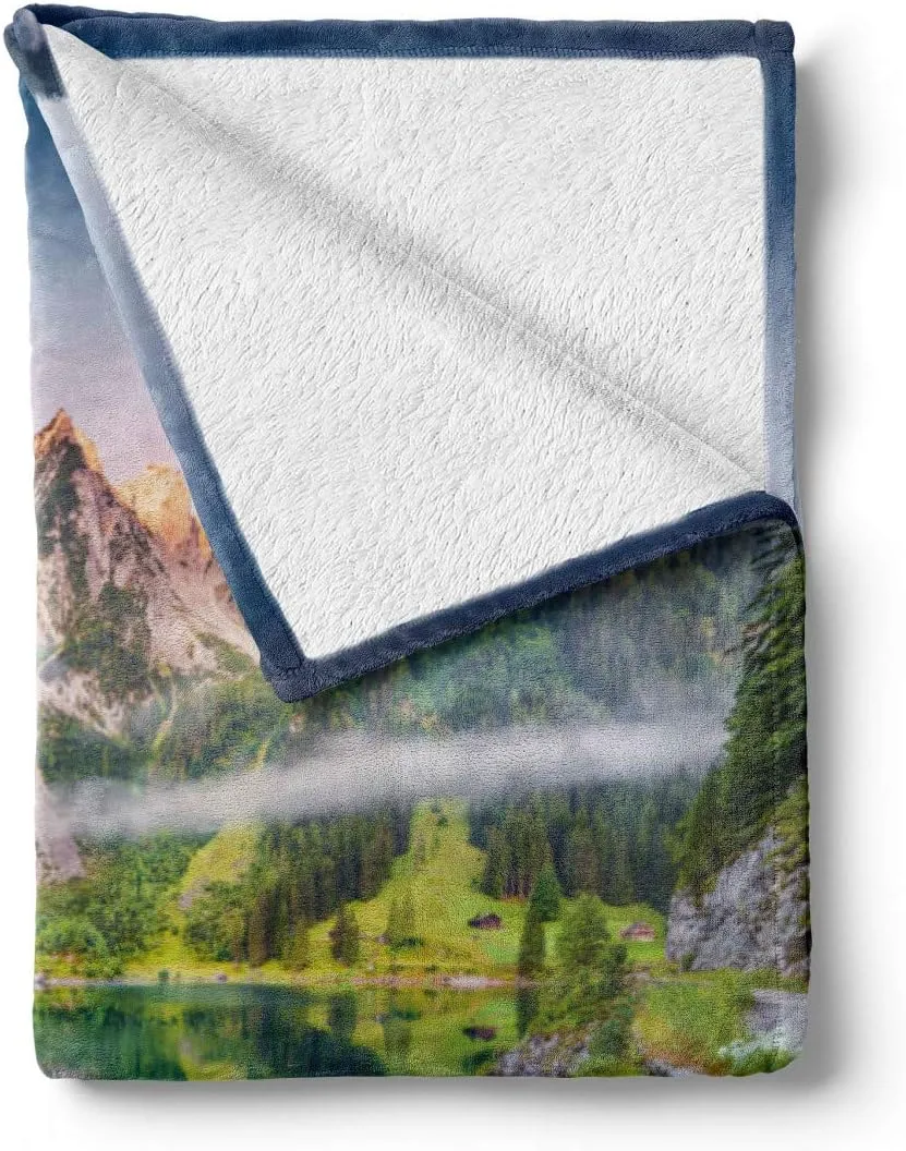 Ambesonne Nature Throw Blanket, Misty Summer Morning on Austrian Alps Mountain Range with Lake Landscape Print, Flannel Fleece Accent Piece Soft Couch Cover for Adults, 60" x 80", Green and Blue