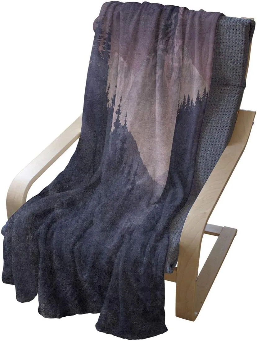 Ambesonne Northwoods Throw Blanket, Foggy Mountain Range Coniferous Trees Adventure in Wilderness, Flannel Fleece Accent Piece Soft Couch Cover for Adults, 70" x 90", Dark Purple Grey Mauve