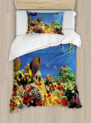 Ambesonne Ocean Duvet Cover Set, Submerged Colorful Coral Colony on Reef Exotic Fishes Tranquil Shallow Sea Picture, Decorative 2 Piece Bedding Set with 1 Pillow Sham, Twin Size, Multicolor