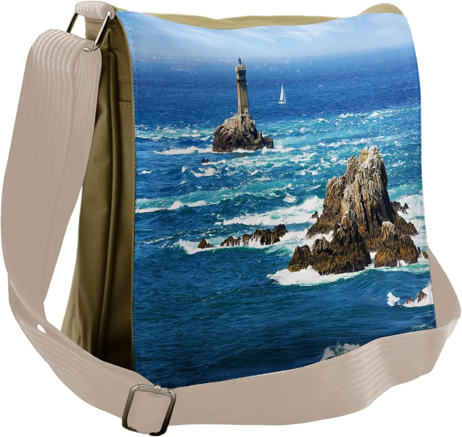 Ambesonne Ocean Messenger Bag, Daytime Wavy Rocky Sea, Unisex Cross-body