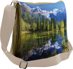 Ambesonne Outdoor Messenger Bag, Mountain Lake Evergreen, Unisex Cross-body