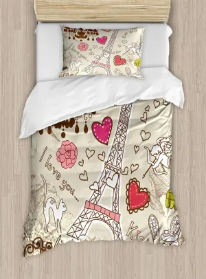 Ambesonne Paris Duvet Cover Set, Doodles Illustration of Eiffel Tower Hearts Chandelier Flower Love Themed Vintage, Decorative 2 Piece Bedding Set with 1 Pillow Sham, Twin Size, Beige Pink