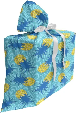 Ambesonne Pineapple Gift Bag, Summer Fruits Tasty Tropical Vegan Ananas Summertime Demonstration, Fabric Party Favor Pouch with 3 Ribbons, 27, Azure Blue and Mustard