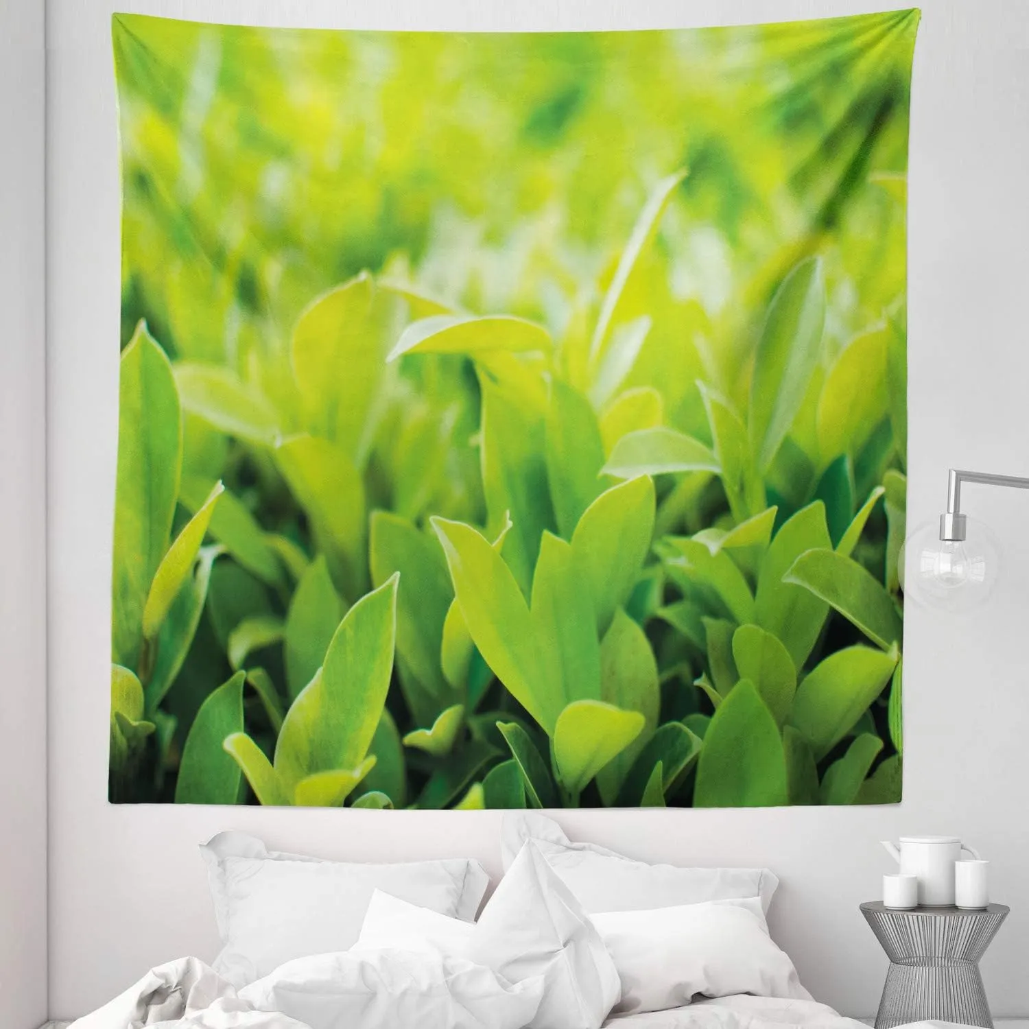 Ambesonne Plant Tapestry Queen Size, Green Leaves with Sun Open Air Sunny Days Spring Time Happy Vibes Environment, Wall Hanging Bedspread Bed Cover Wall Decor, 88" X 88", Apple Green
