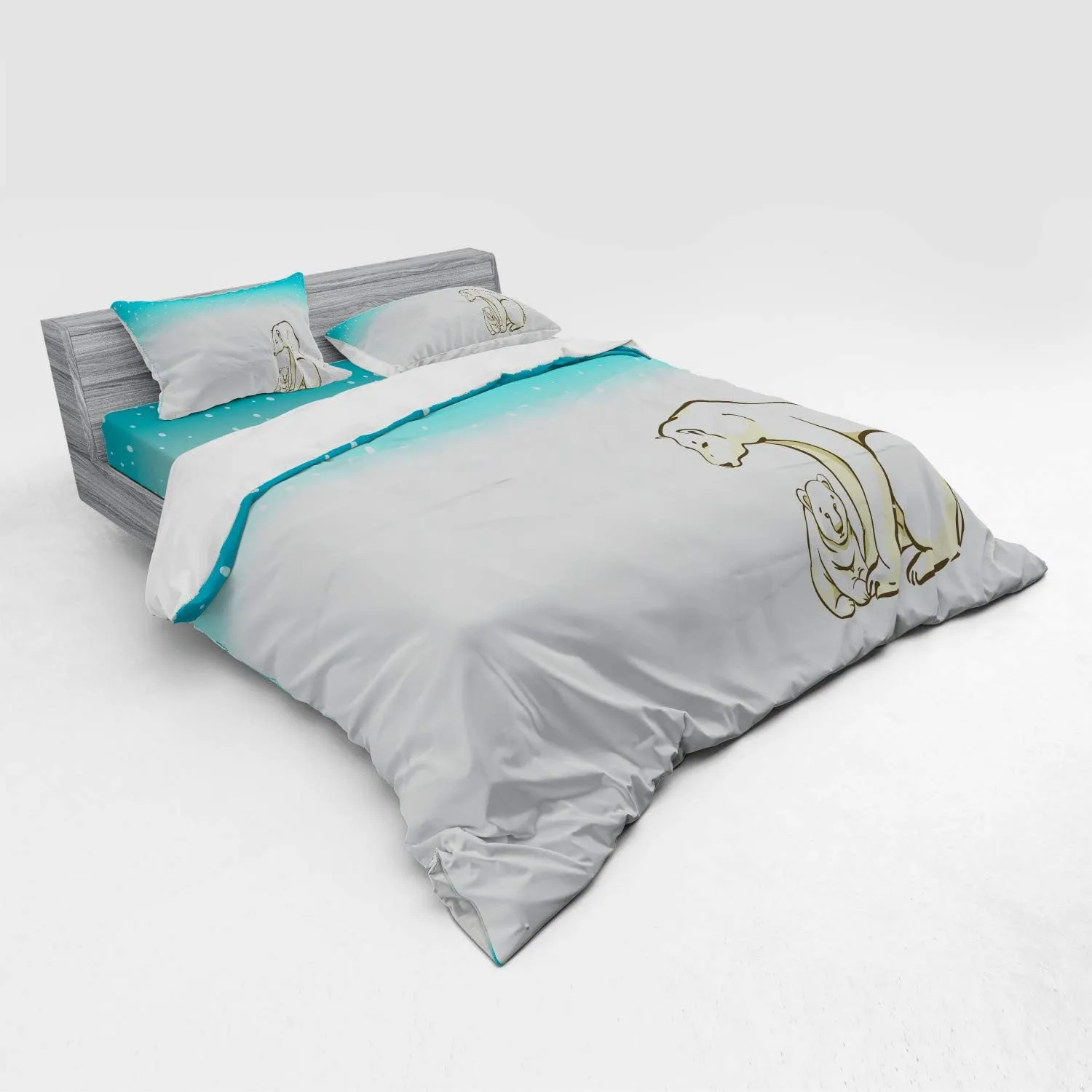 Ambesonne Polar Bear Bedding Set, Northern Landscape Arctic Polar Bears on Snow Ice Family Animal, 3 Piece Duvet Cover Set with Sham and Fitted Sheet, King Size, Turquoise White Cream