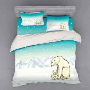 Ambesonne Polar Bear Bedding Set, Northern Landscape Arctic Polar Bears on Snow Ice Family Animal, 3 Piece Duvet Cover Set with Sham and Fitted Sheet, King Size, Turquoise White Cream