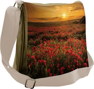 Ambesonne Poppy Flower Messenger Bag, Sunset Meadow Farmland, Unisex Cross-body