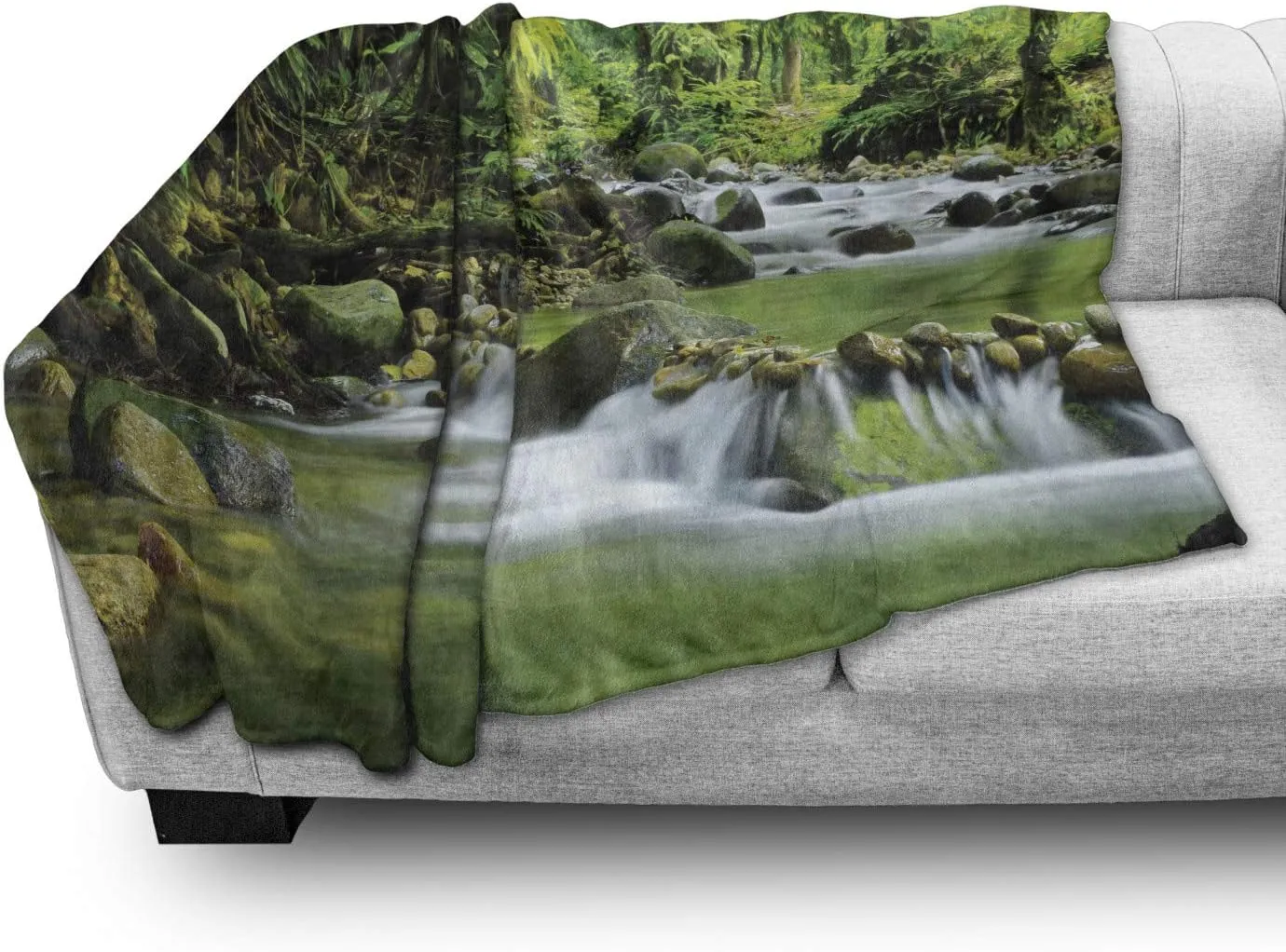 Ambesonne Rainforest Throw Blanket, Mountain Stream in a Tropical Rain Forest Foliage Countryside Wilderness Scene, Flannel Fleece Accent Piece Soft Couch Cover for Adults, 50" x 60", Green Brown